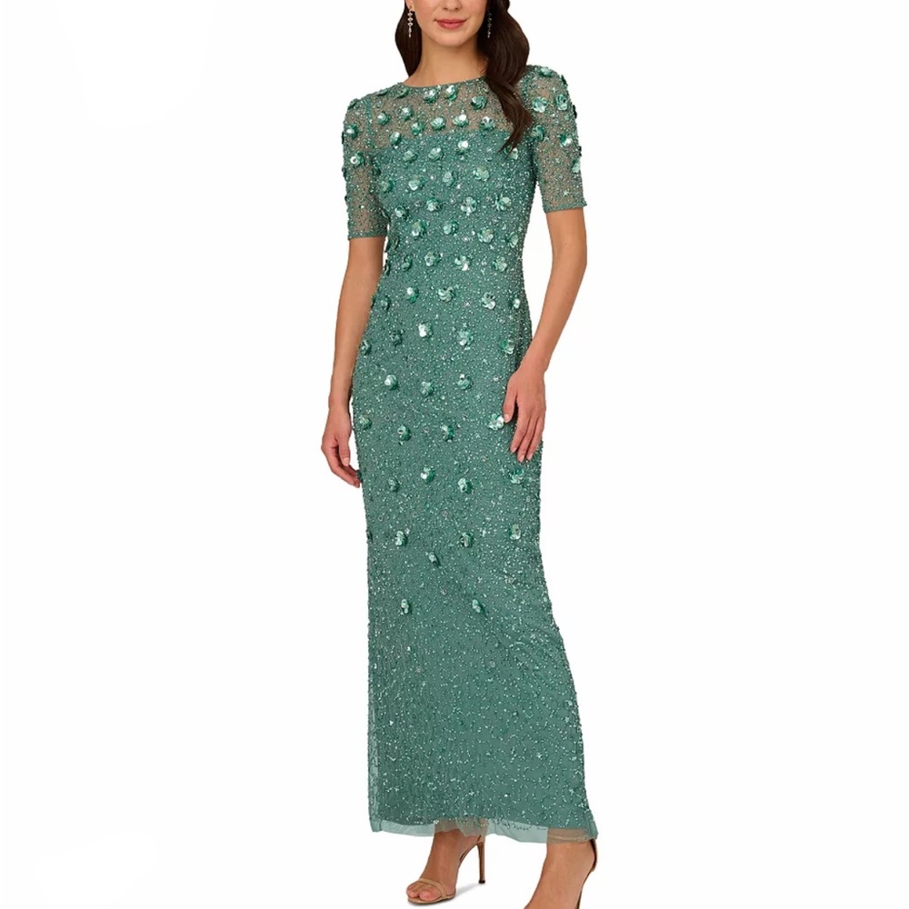 Adrianna Papell Women's Green 3D Floral Embellished Dress Evening Grown Size 12